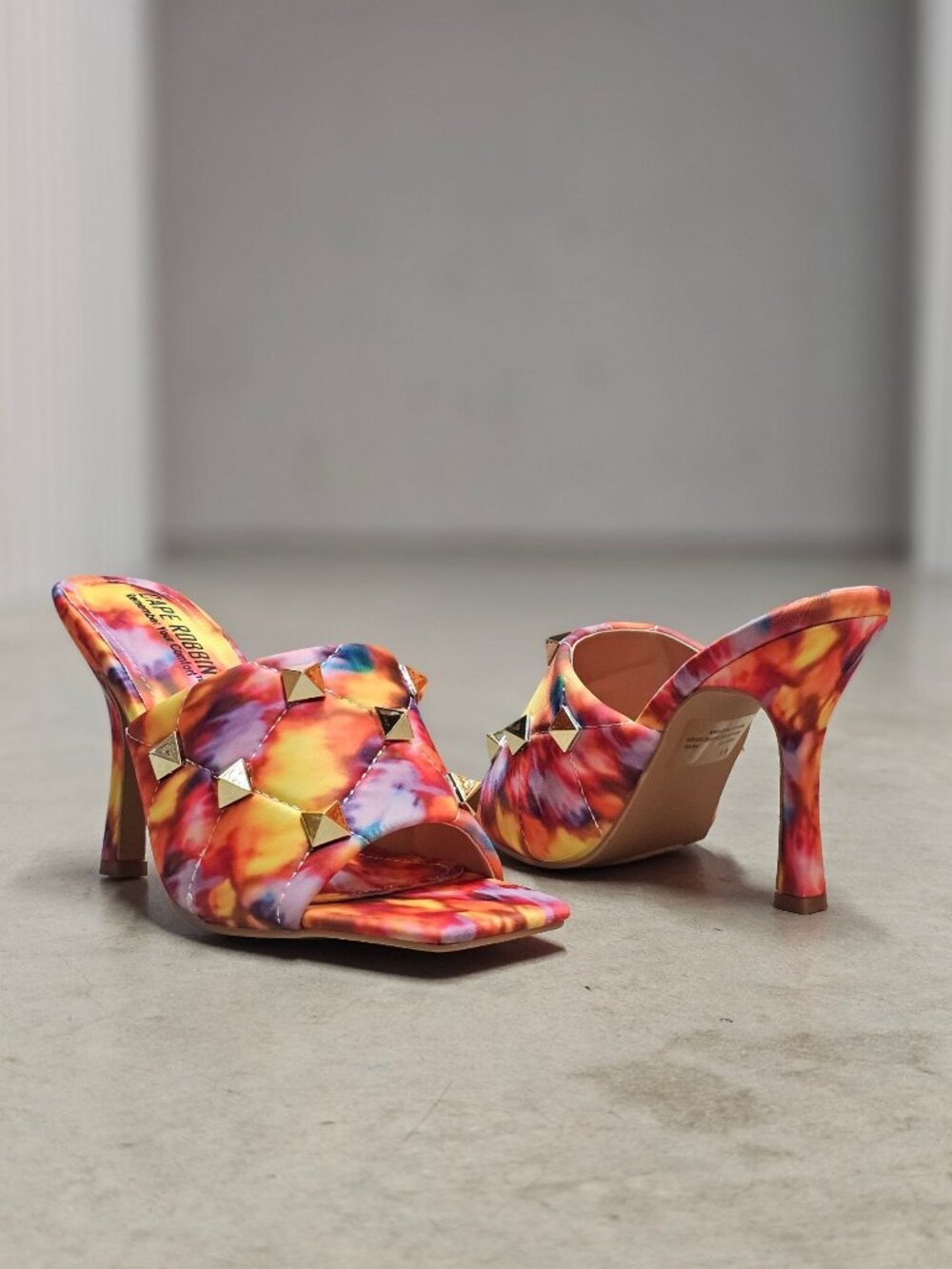 Colorful Tie-Dye Studded High Heel Mules With Quilted Detail & Open Toe Design F